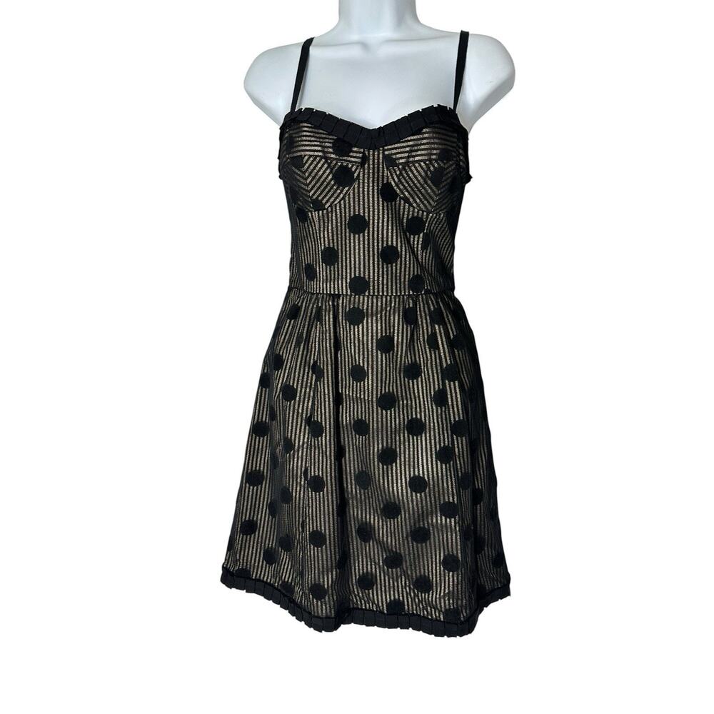 VTG Nanette Lepore Silk Polka Dot Dress Size 2 Black Sheer Stripe Cocktail Party - Picture 2 of 15